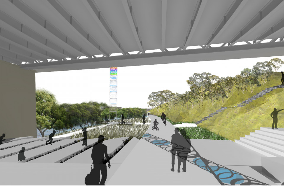 perspective view of parramatta escarpment boardwalk and urban room under gasworks bridge